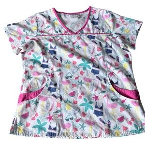 UA Scrubs Flamingo Beach White V-Neck Scrub Top Large UA864FMO Summer Print